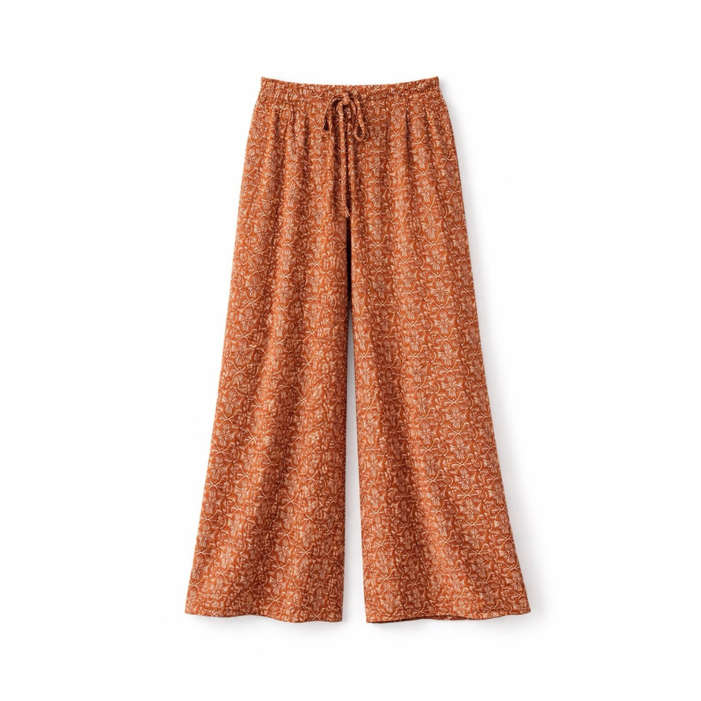 Boho Wide Leg Pants Terracotta Print XS Drawstring, Beach Resor Bohemia comfort - Picture 2 of 15